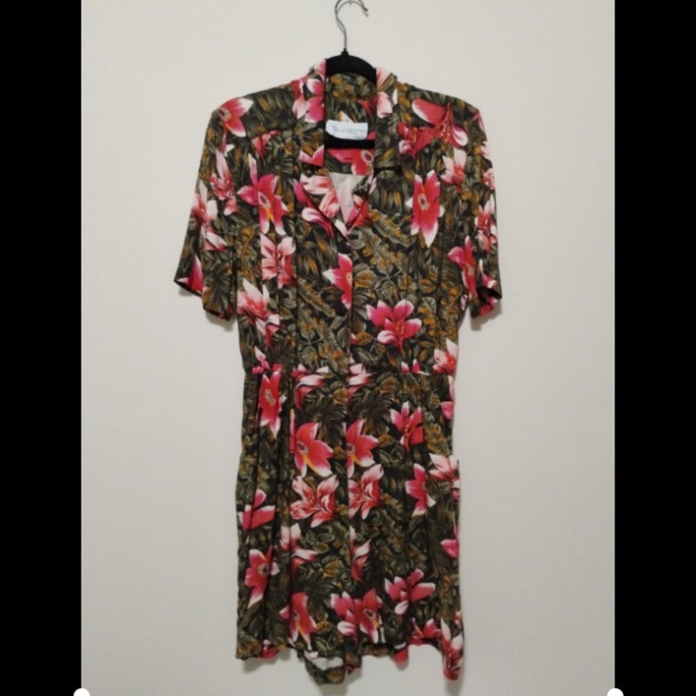 Vintage floral button-up romper with flowy shorts.